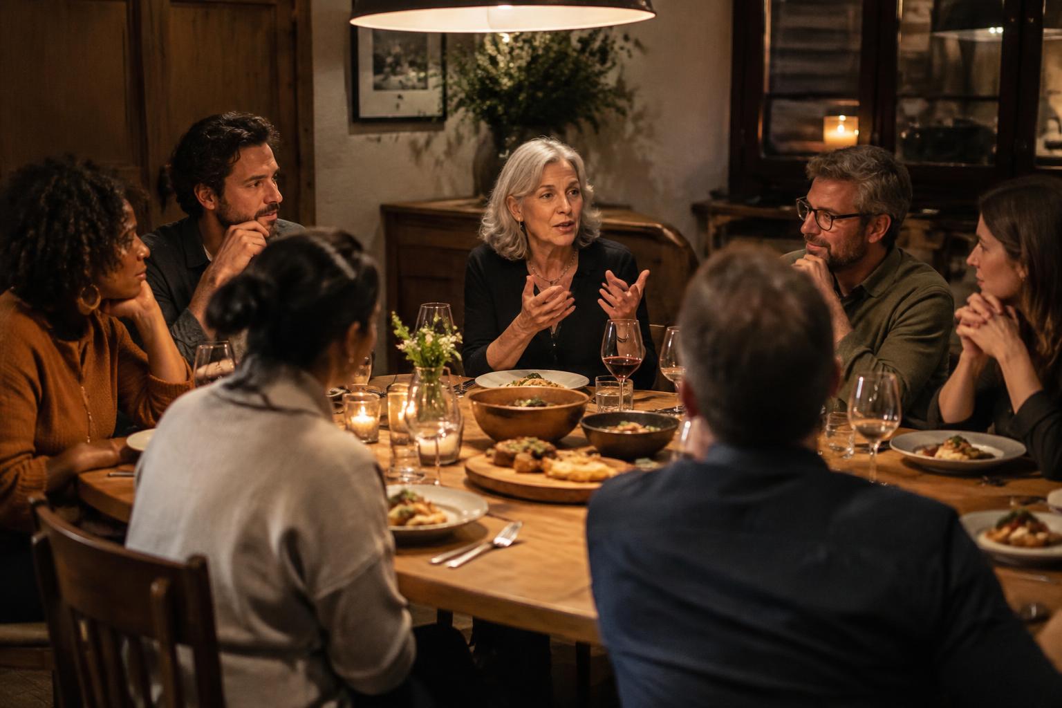 Illustrative scene of experienced owners in conversation around a dinner table